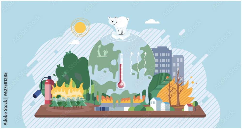 Naklejka premium Metaphor for ecological travel, conservation, climate change, global warming and the fragility of nature. Earth day. Climate change with weather global greenhouse warming risks. Eco environment signs