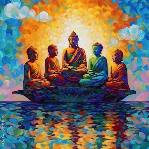 Modern Impressionism: Abstract Sitting Buddha Painting in Cyan and Amber, Pixel-Art Style, Vibrant and Expressive. Generative AI