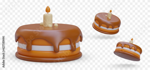 Realistic chocolate round cake with candle, view from different sides. Set of isolated vector images. Sweet festive pastries. Color modern illustration