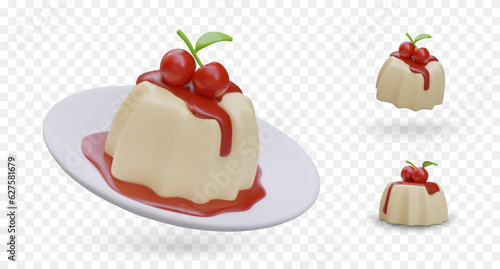 Set of realistic images of panna cotta. Dessert in different positions, on plate and without. Served sweets decorated with fresh cherries. Isolated vector image
