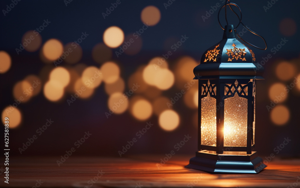 Side view of Ramadan lantern with side empty space with fuzzy bright lights in the background Side view of Ramadan lantern with side empty space with fuzzy bright lights in the background