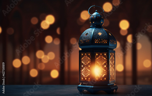 Side view of Ramadan lantern with side empty space with fuzzy bright lights in the background
