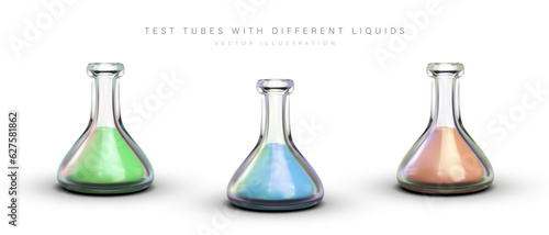 Set of test tubes with liquid. Triangular flasks with flat bottom. Isolated vector illustration. Icons for your design. Chemistry, physics, pharmacology, laboratory theme