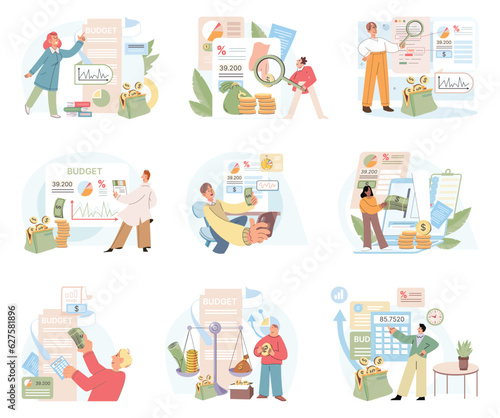 People analyzing personal or corporate budget. Funding and financing. Presentation, website. Financial planning. Company budget planning. Accountant managing budget and making savings illustration