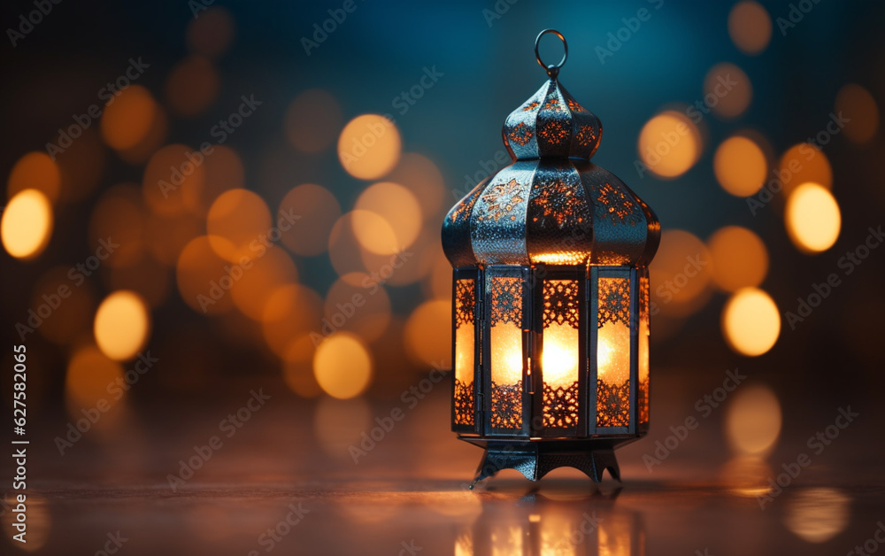 Side view of Ramadan lantern with side empty space with fuzzy bright lights in the background Side view of Ramadan lantern with side empty space with fuzzy bright lights in the background