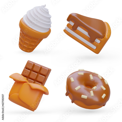 Set of realistic vector sweets. Dessert icons. Creamy ice cream, piece of cake, half opened chocolate bar, donut with icing. Isolated image of yellow, brown color
