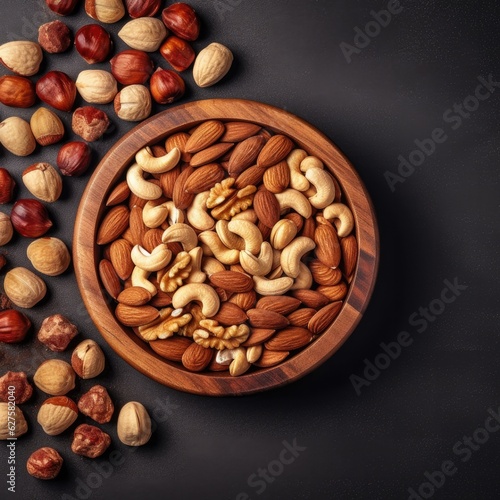 Nuts in wooden bowl on dark stone table. Cashew, hazelnuts, almonds, brazil nuts and pine nuts. Generative AI.