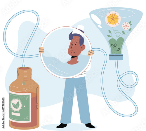 Natural medicine concept with scientists make pill from herbal ingredients. Specialist pharmacist preparing herbal remedy to patient. Doctor develops ayurvedic homeopathic drugs of plants and extracts