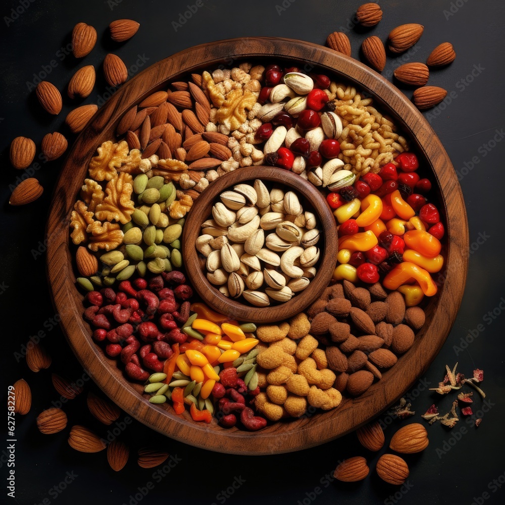 Nuts and seeds mix in a wooden plate. Generative AI. Nuts and seeds mix in a wooden plate. Generative AI.