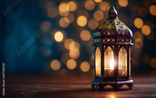 Side view of Ramadan lantern with side empty space with fuzzy bright lights in the background