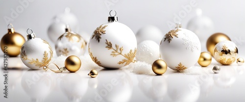 Winter holiday wallpaper. Festive white and gold Christmas ornaments and baubles. White Christmas decoration on white