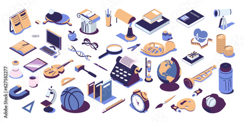 School stuff, supplies bundle flat style isometric illustration vector design