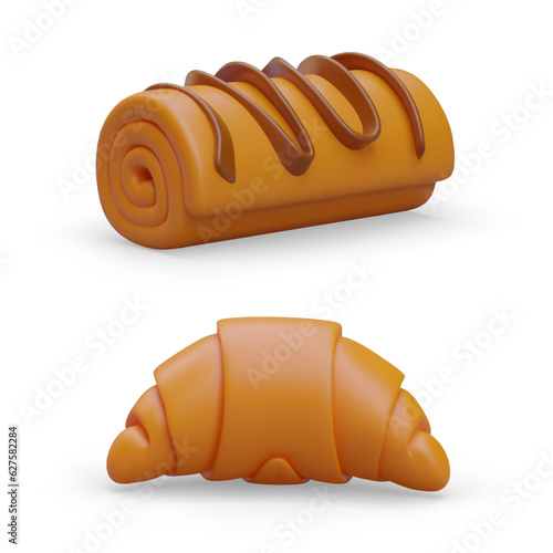 Vector set of pastries. Realistic swiss roll with chocolate, croissant. Delicious dessert. Isolated illustration on white background. 3D objects with shadows