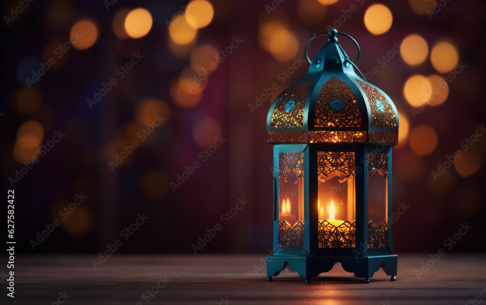 Side view of Ramadan lantern with side empty space with fuzzy bright lights in the background Side view of Ramadan lantern with side empty space with fuzzy bright lights in the background