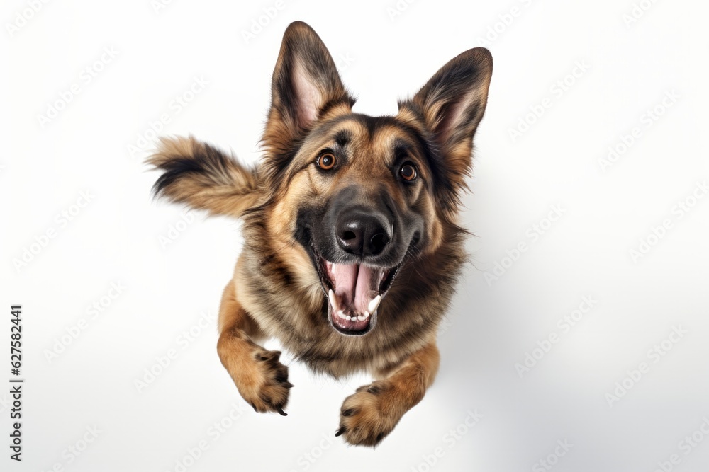 Cute Dog Portraying Emotive Faces, Playful German Shepherd on White, Captured through Unique Aerial Photography Techniques, generative ai