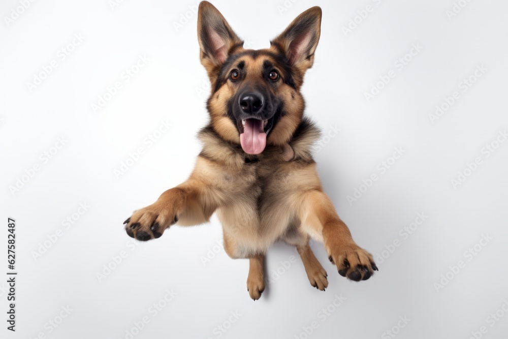 Cute Dog Portraying Emotive Faces, Playful German Shepherd on White, Captured through Unique Aerial Photography Techniques, generative ai