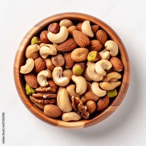 Wooden bowl with mixed nuts on white table top view. Pistachios, almonds, hazelnuts and cashews.Generative AI.