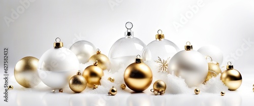 Christmas background, blank frame decorated with assorted ornaments, white and gold balls, stars and snowflakes.