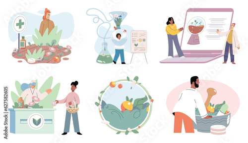 Natural herbal medication researches in laboratory. Traditional medicine concept. Scientist doctors characters make drugs of medical plants, herbal ingredients, extracts, preparing homeopathic recipes