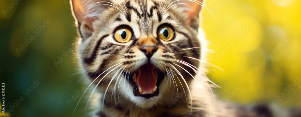 Fototapeta premium Bengal Kitten or Cat on Yellow Background, Energetic Expressions and Big Mouth Captured with Photo Realistic Techniques, generative ai