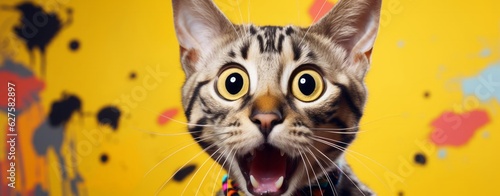 Bengal Kitten or Cat on Yellow Background  Energetic Expressions and Big Mouth Captured with Photo Realistic Techniques  generative ai