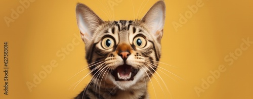 Bengal Kitten or Cat on Yellow Background, Energetic Expressions and Big Mouth Captured with Photo Realistic Techniques, generative ai © Phanida
