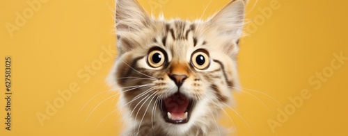 Bengal Kitten or Cat on Yellow Background, Energetic Expressions and Big Mouth Captured with Photo Realistic Techniques. © Phanida