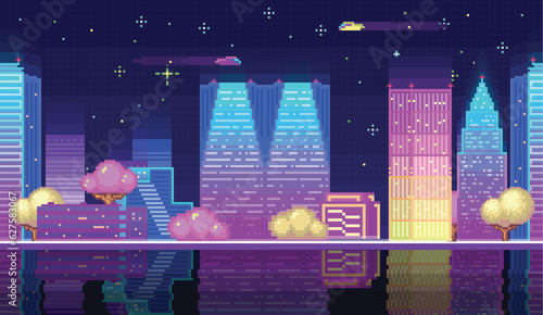 Night city landscape neon pixel background with hight buildings silhouette and stars in dark sky. Pixelated evening cityscape neon for video game design pixel nighttime with modern skyscrapers