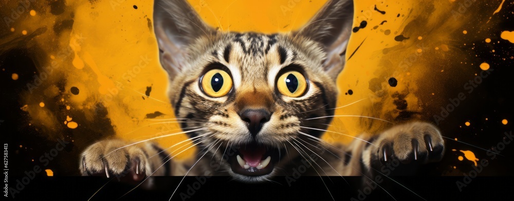 Bengal Kitten or Cat on Yellow Background, Energetic Expressions and Big Mouth Captured with Photo Realistic Techniques, generative ai Bengal Kitten or Cat on Yellow Background, Energetic Expressions and Big Mouth Captured with Photo Realistic Techniques, generative ai