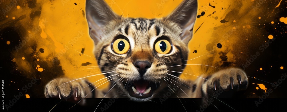 Bengal Kitten or Cat on Yellow Background, Energetic Expressions and Big Mouth Captured with Photo Realistic Techniques, generative ai