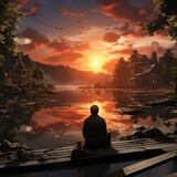 A traveler sitting on a dock, watching a sunrise over a calm lake generative ai