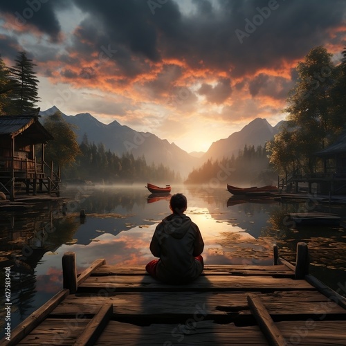 A traveler sitting on a dock, watching a sunrise over a calm lake generative ai