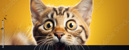 Bengal Kitten or Cat on Yellow Background, Energetic Expressions and Big Mouth Captured with Photo Realistic Techniques, generative ai