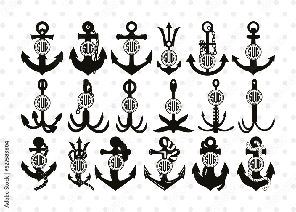 Anchor Circle Monogram, Anchor Silhouette, Anchor SVG, Rope, Rope Anchor, Nautical, Ship, Navy, Boat Anchor, Sea, Ocean, Sailor, Sea Anchor, Sailing, SB00059