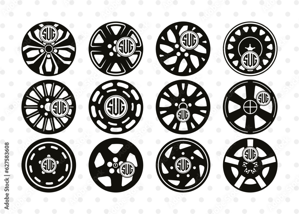 Wheel Circle Monogram, Wheel Hubcap Silhouette, Wheel Hubcap Svg, Auto Rubber Svg, Tyre Svg, Tire Svg, SB00056