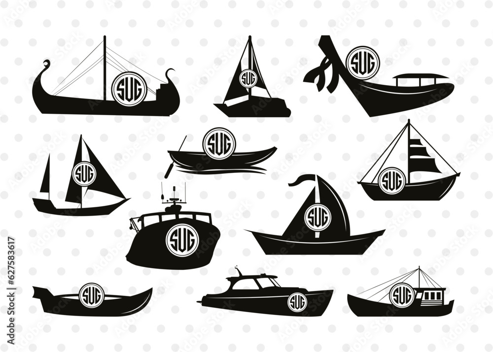 Boats Circle Monogram, Sea Boats Silhouette, Boat Svg, Ship Svg, Bass Boat Svg, SB00051