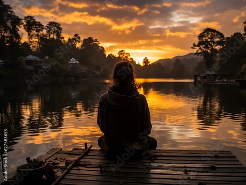 A traveler sitting on a dock  watching a sunrise over a calm lake generative ai
