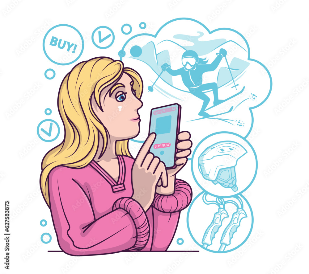 Young female holding phone and searching skiing supplies. Buyer ordering goods via smartphone. Profitable shopping day concept. Flat vector illustration in blue colors in cartoon style Young female holding phone and searching skiing supplies. Buyer ordering goods via smartphone. Profitable shopping day concept. Flat vector illustration in blue colors in cartoon style