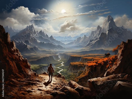 An adventurer climbing a rocky mountain peak, with a breathtaking view of valleys below generative ai © Generative Ai