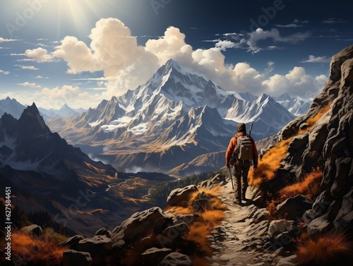 An adventurer climbing a rocky mountain peak, with a breathtaking view of valleys below generative ai