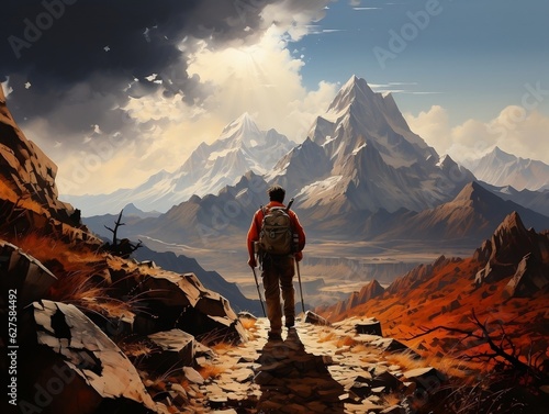 An adventurer climbing a rocky mountain peak, with a breathtaking view of valleys below generative ai