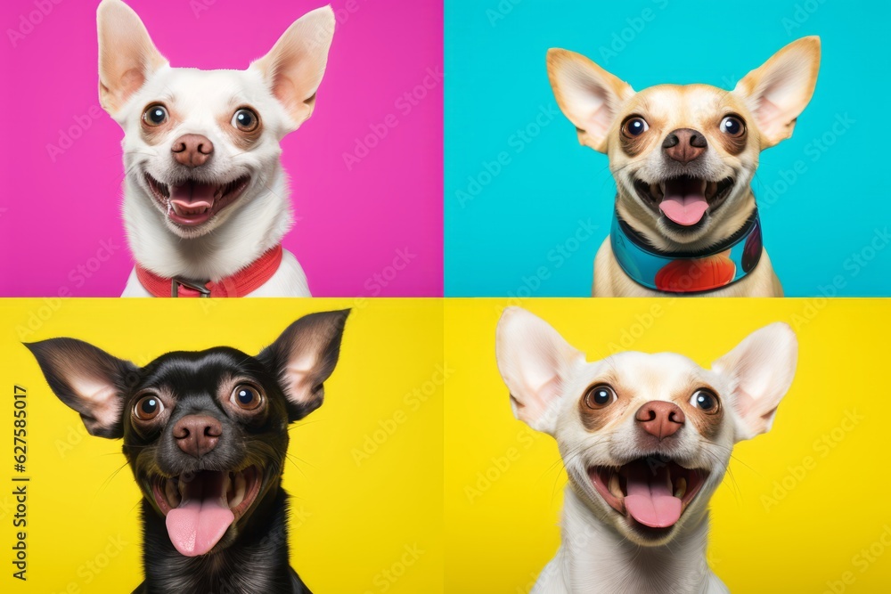 Cute Dog Photos Against a Colorful Background, Showcasing Expressive Faces and Emotional Expressions in a Low-Angle Shot, generative ai Cute Dog Photos Against a Colorful Background, Showcasing Expressive Faces and Emotional Expressions in a Low-Angle Shot, generative ai