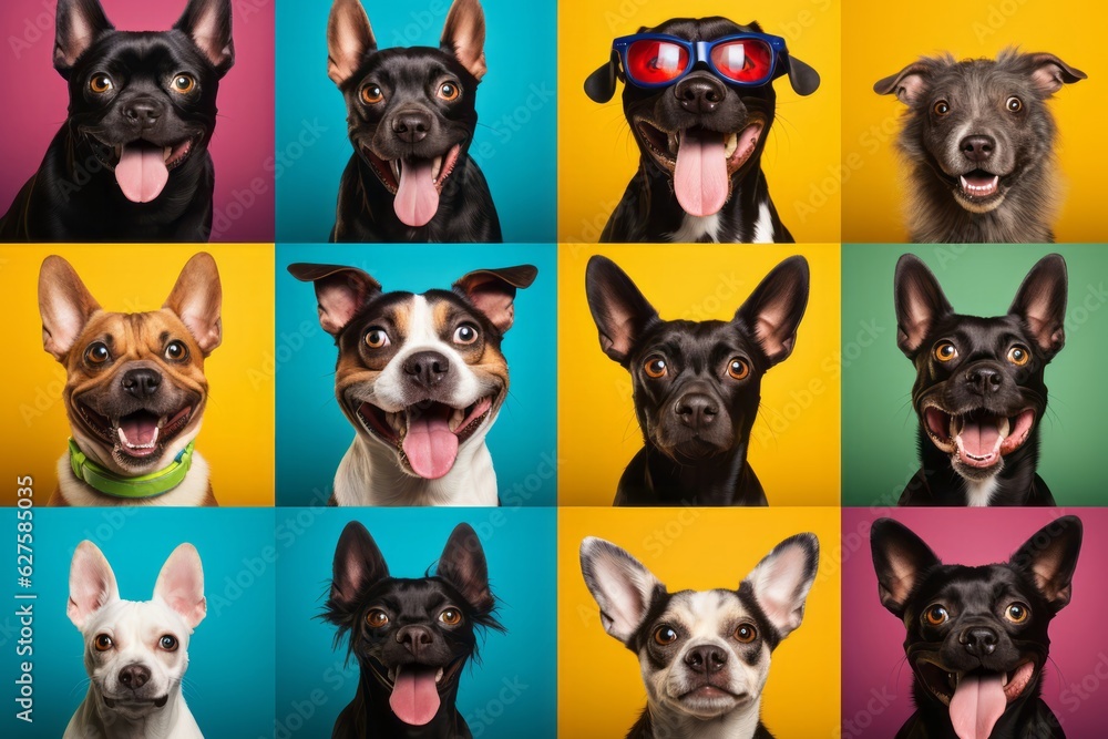 Cute Dog Photos Against a Colorful Background, Showcasing Expressive Faces and Emotional Expressions in a Low-Angle Shot, generative ai Cute Dog Photos Against a Colorful Background, Showcasing Expressive Faces and Emotional Expressions in a Low-Angle Shot, generative ai