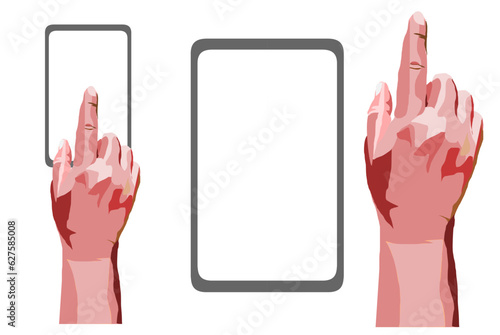 Finger touching mobile phone touch screen for communication and transaction, Modern human technology use, Hand with ipad vector graphic style isolated on white background