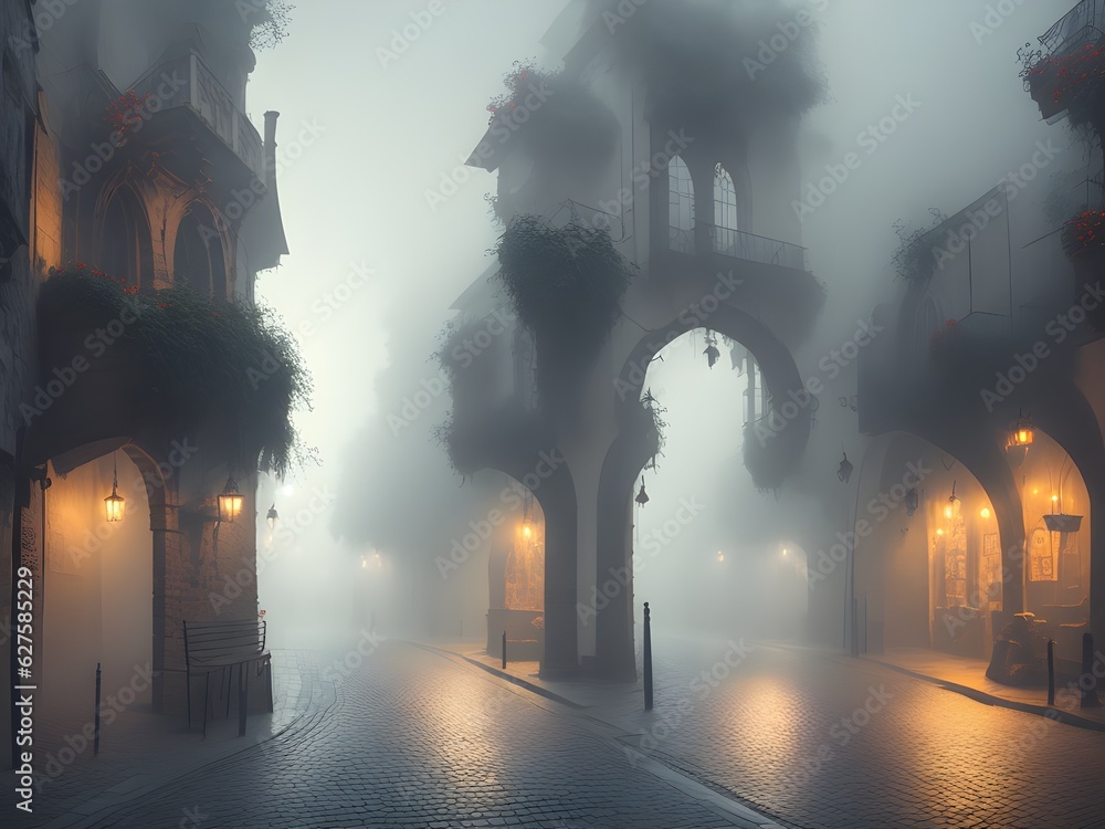 Foggy street of ancient medieval city, Generative AI Illustration