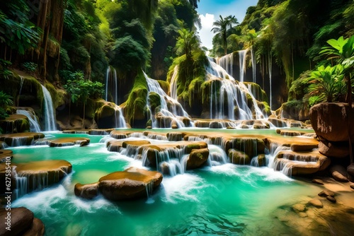 The beauty of nature with lush greenery. The Kuang Si Waterfall is a true marvel of nature, a cascading masterpiece that captivates the senses. 