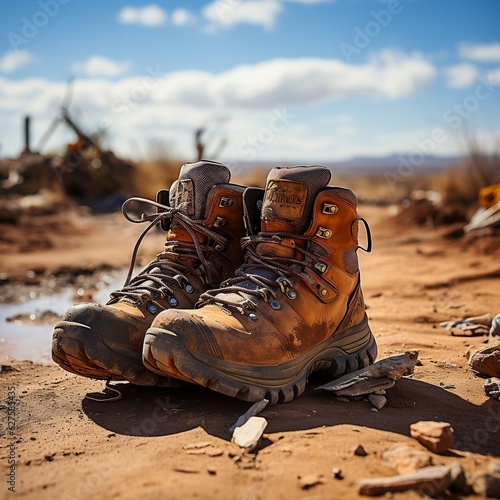 A close-up of a hiker's worn-out boots on a dusty trail generative ai © Generative Ai