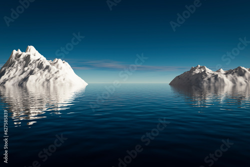 Large white glaciers float in the blue ocean.