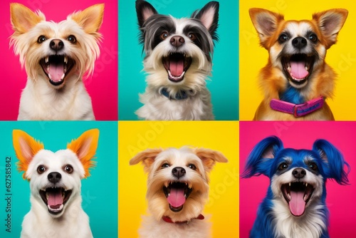 Cute Dog Photos Against a Colorful Background, Showcasing Expressive Faces and Emotional Expressions in a Low-Angle Shot, generative ai