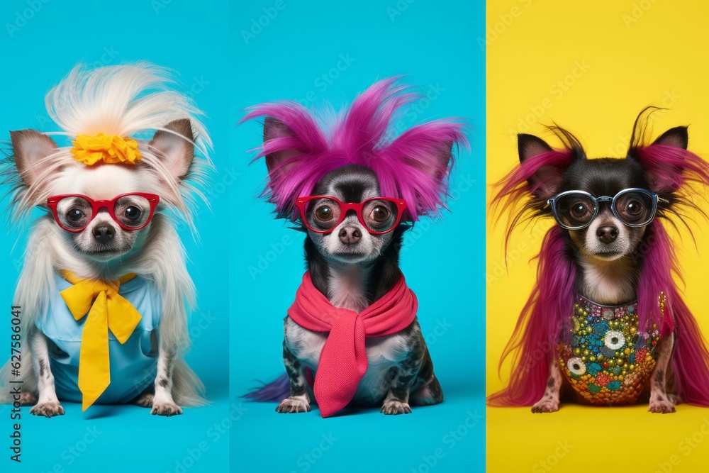 Fototapeta premium Cute Dog Photos Against a Colorful Background, Showcasing Expressive Faces and Emotional Expressions in a Low-Angle Shot, generative ai